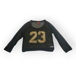 Double Heart Blouse Size Large Black Gold Foil 23 Graphic Mesh Long Sleeve Top